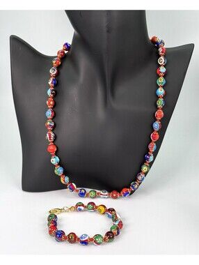 Vtg Murano Millefiori Art Glass Necklace 18” Bracelet Set Venetian Italian Beads